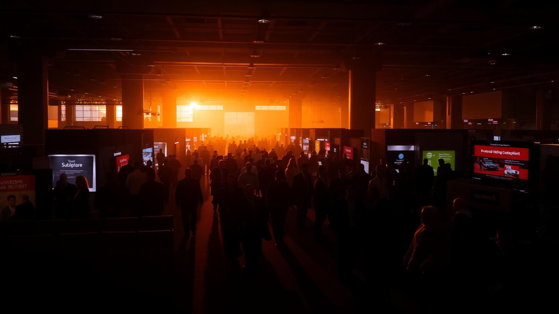Ambiente de evento com pessoas circulando entre estandes