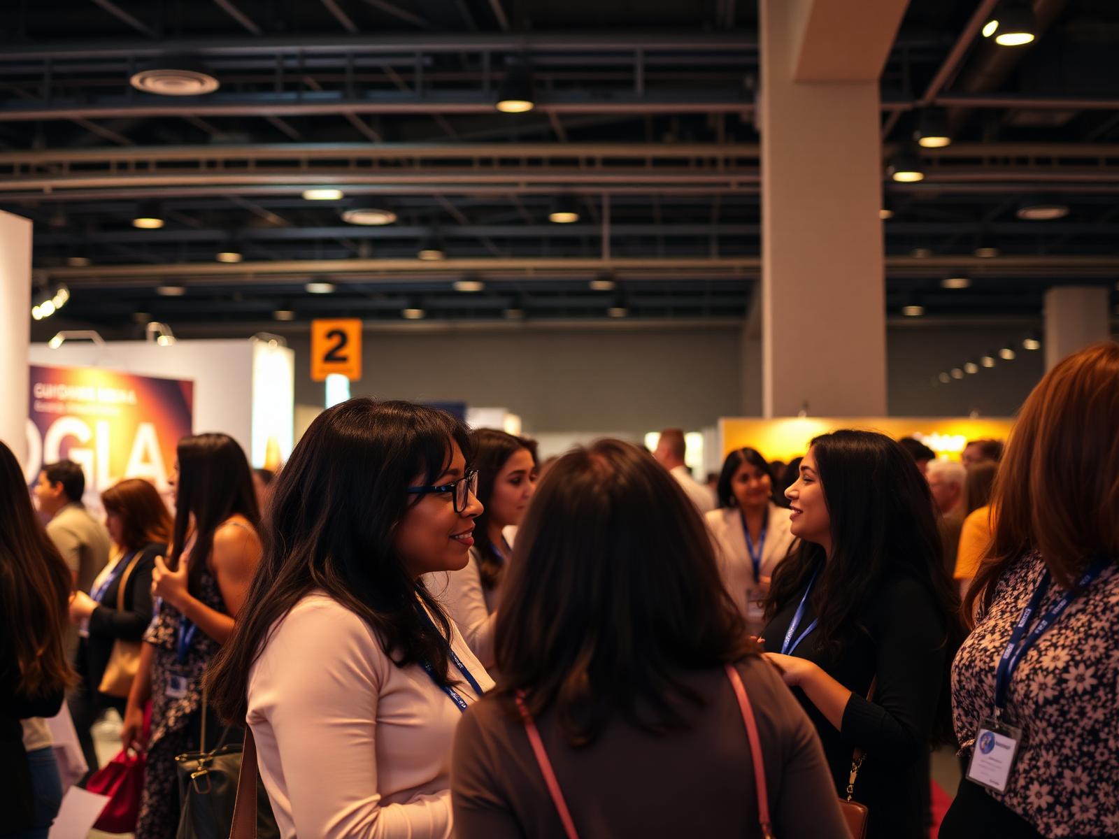 Mulheres conversando em ambiente de feira de negócios