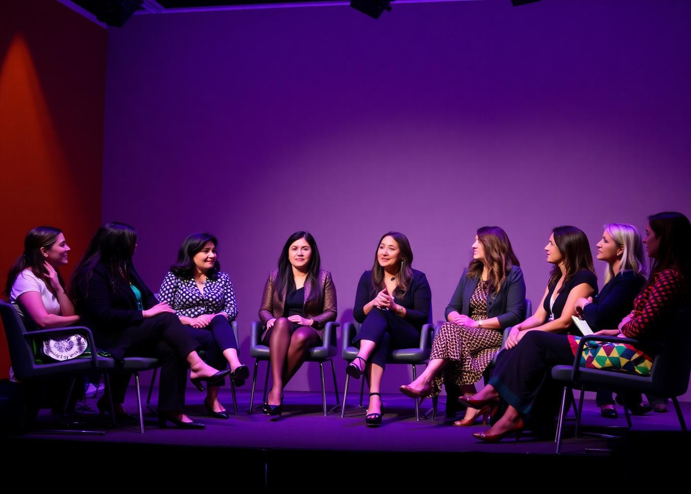 Painel de conversa com mulheres profissionais em um palco